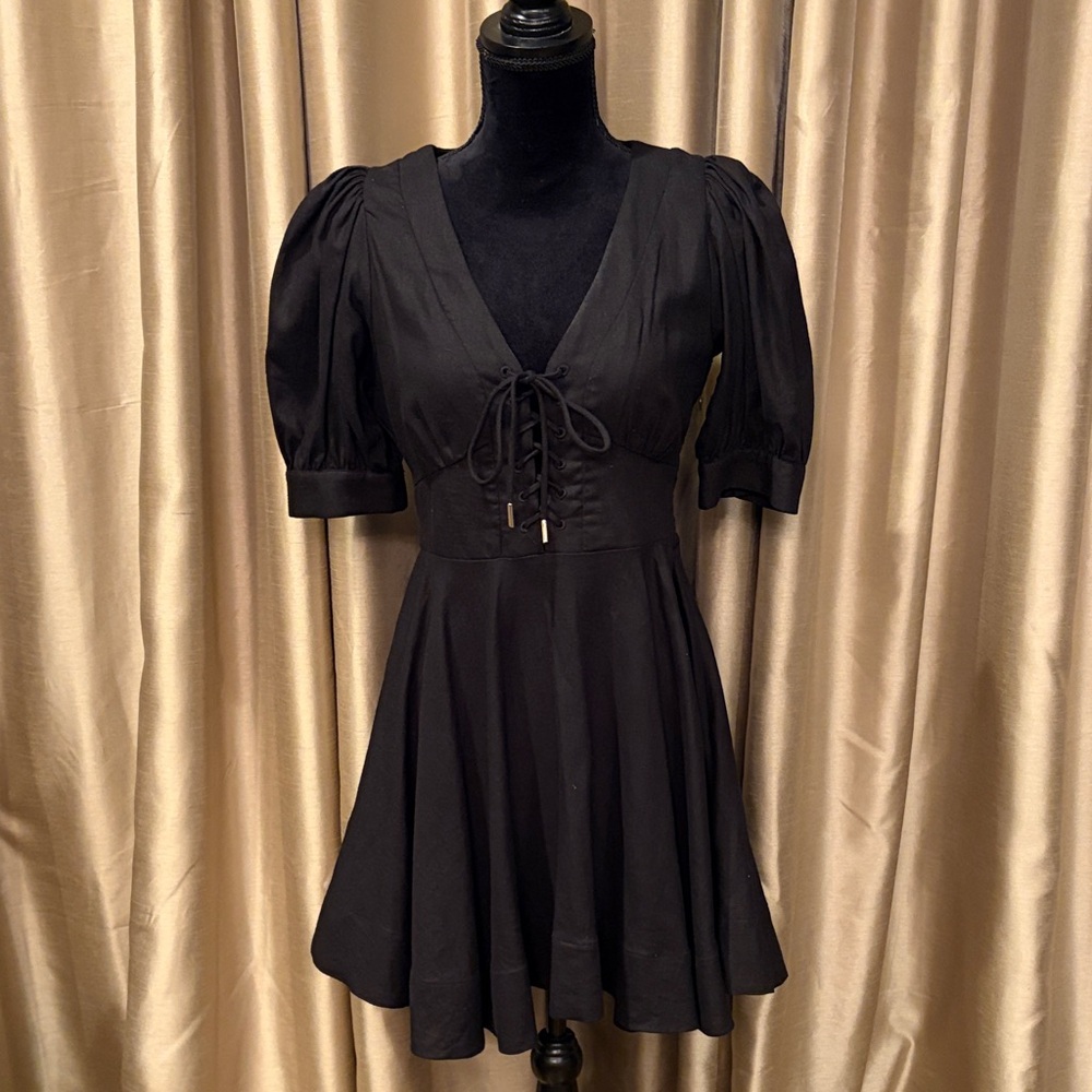 Elegant Black Lace-Up Puff Sleeve Fit and Flare Linen Dress